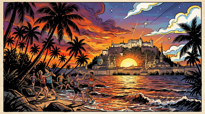 Tropical beach with palm trees at sunset over ocean waves in colorful comic style