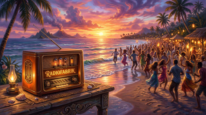 Vintage radio labeled RADIOFABRIK beside dancing people on a tropical beach